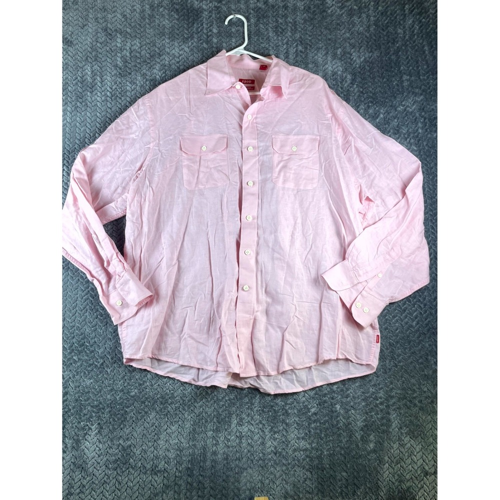 Izod Island Linen Blend Shirt Mens Large Pink Long Sleeve Casual Button Up